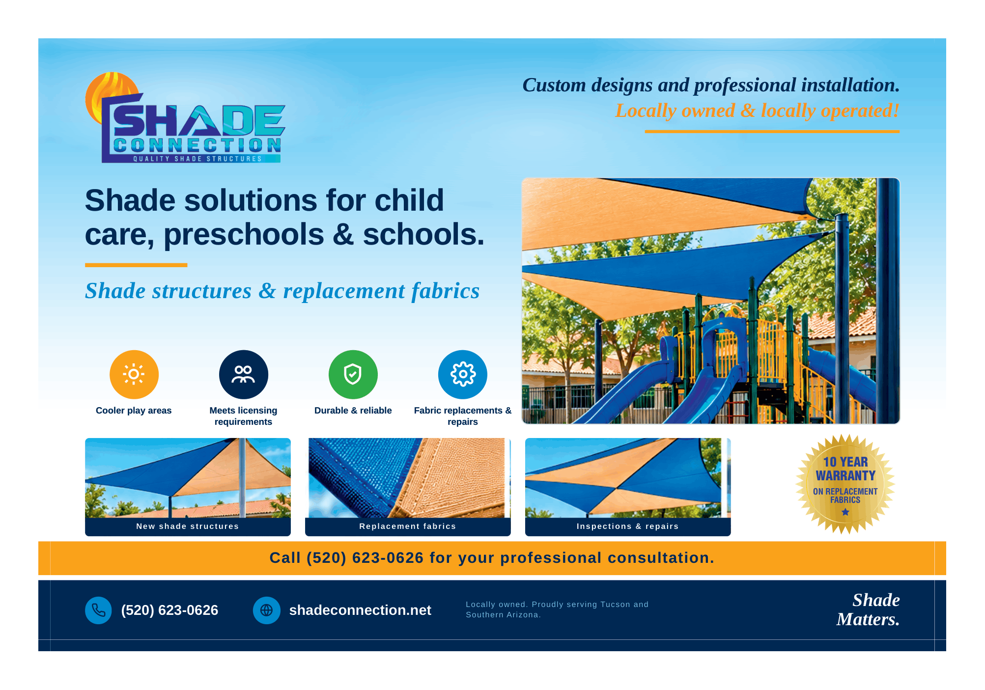 Mailer mesh-shade | A custom blue and white striped mesh canopy shade structure provides a durable sun shade for a commercial playground and sandbox area in Tucson.